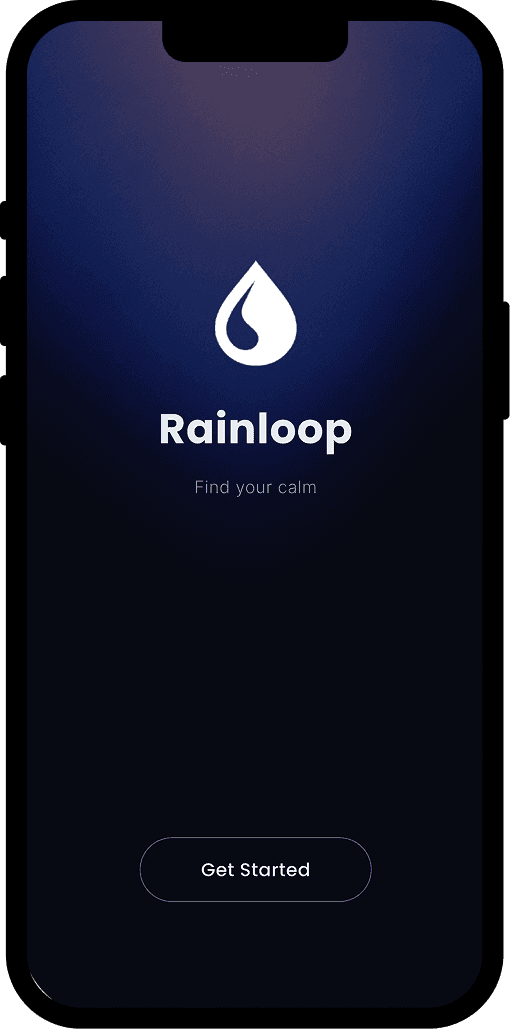 The Rainloop welcome screen on an iPhone: a water-drop logo and the words Find your calm