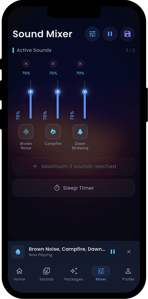 The Rainloop Sound Mixer screen with three active sounds — brown noise, campfire and dawn birdsong — each with its own volume slider